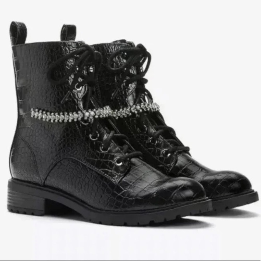 Express Gemstone Strap Croc-Embossed Combat Boot